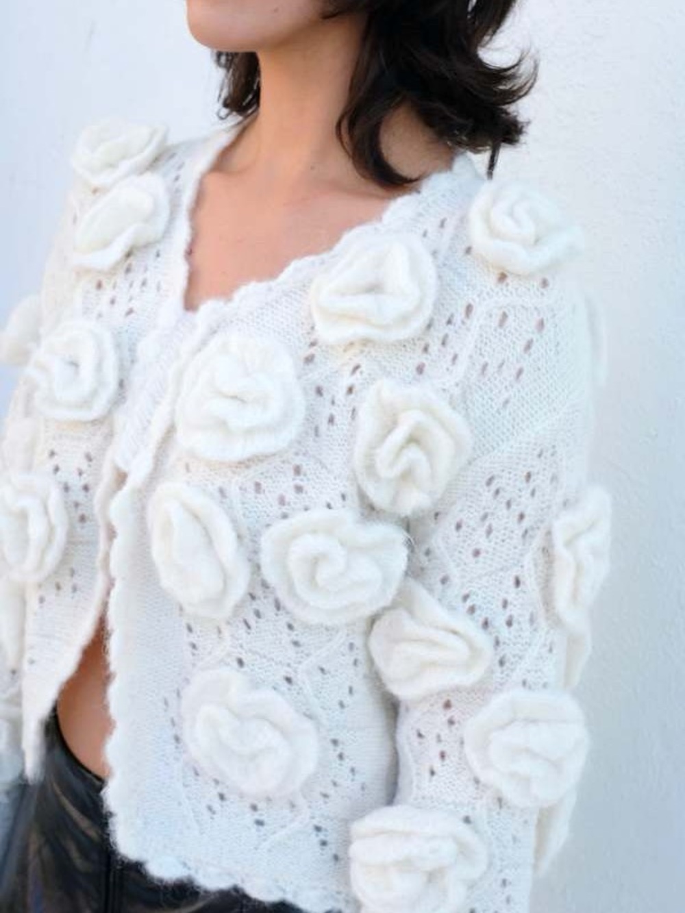 Tach Clothing Samara Cream Ivory 3D Rose Flower Hand Knit Cardigan Sweater S